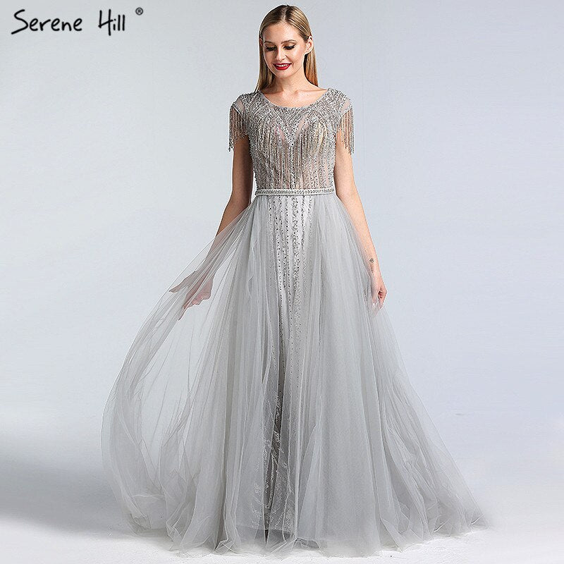 Vestido de noche gris de lujo con cola, 2025, con cuentas, borlas y mangas cortas para mujer, fiesta LA60874