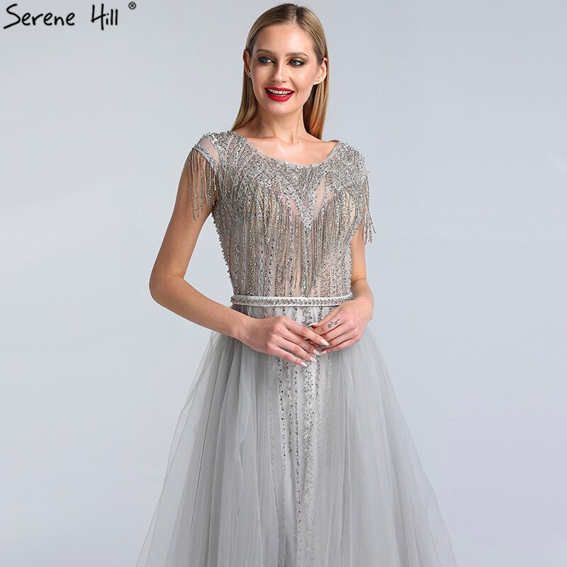 Vestido de noche gris de lujo con cola, 2025, con cuentas, borlas y mangas cortas para mujer, fiesta LA60874