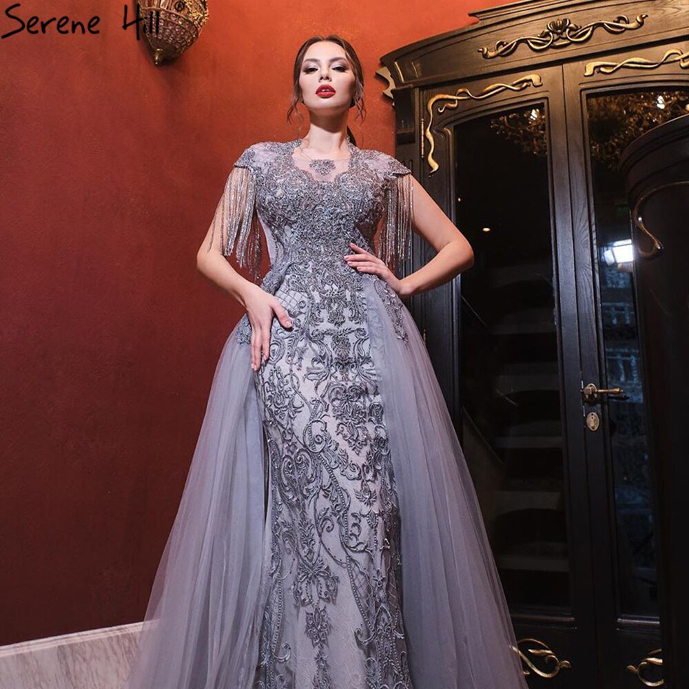 Vestidos de noche grises de lujo con cola, mangas cortas, corte sirena y cuentas, para mujer, fiesta, LA60845