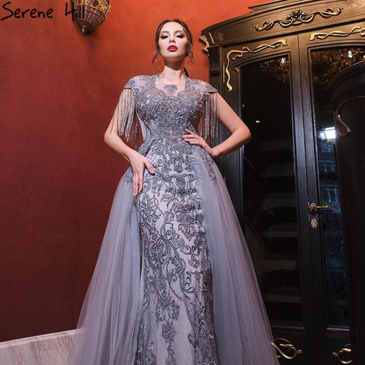 Vestidos de noche grises de lujo con cola, mangas cortas, corte sirena y cuentas, para mujer, fiesta, LA60845