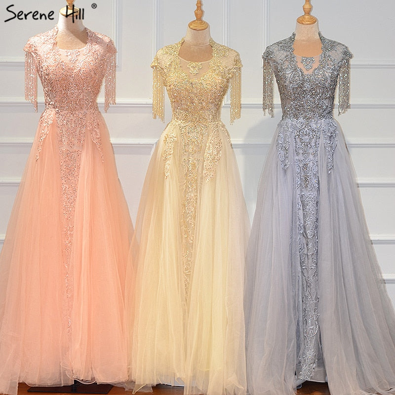 Vestidos de noche grises de lujo con cola, mangas cortas, corte sirena y cuentas, para mujer, fiesta, LA60845
