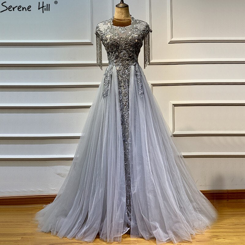 Vestidos de noche grises de lujo con cola, mangas cortas, corte sirena y cuentas, para mujer, fiesta, LA60845