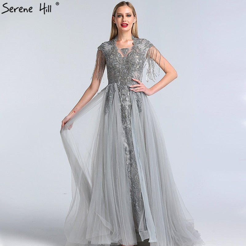 Vestidos de noche grises de lujo con cola, mangas cortas, corte sirena y cuentas, para mujer, fiesta, LA60845