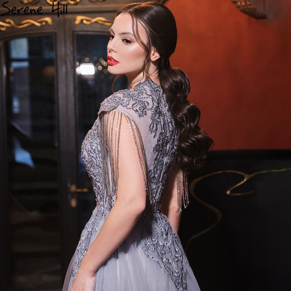 Vestidos de noche grises de lujo con cola, mangas cortas, corte sirena y cuentas, para mujer, fiesta, LA60845
