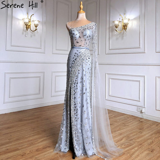 Elegante vestido de noche de sirena gris, 2025, de lujo, con mangas tipo capa y cuentas, para mujer, fiesta, LA71415