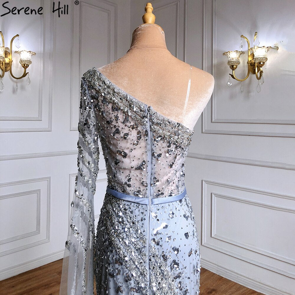 Elegante vestido de noche de sirena gris, 2025, de lujo, con mangas tipo capa y cuentas, para mujer, fiesta, LA71415