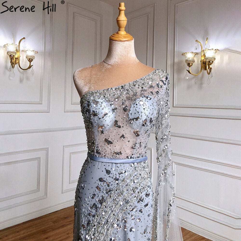 Elegante vestido de noche de sirena gris, 2025, de lujo, con mangas tipo capa y cuentas, para mujer, fiesta, LA71415