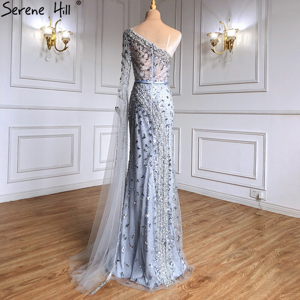 Elegante vestido de noche de sirena gris, 2025, de lujo, con mangas tipo capa y cuentas, para mujer, fiesta, LA71415