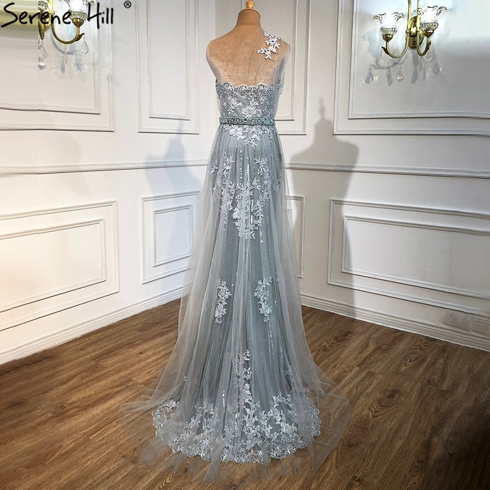 Sale Grey Mermaid Elegant Evening Dresses Gowns 2025 One Shoulder Lace Sexy Pearls For Women Party LA70635