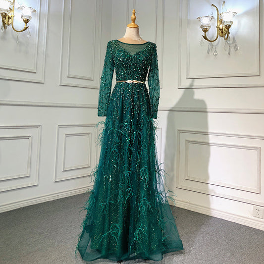 Elegante vestido de noche gris de sirena, manga larga, con plumas y cuentas, para mujer, fiesta, LA70968