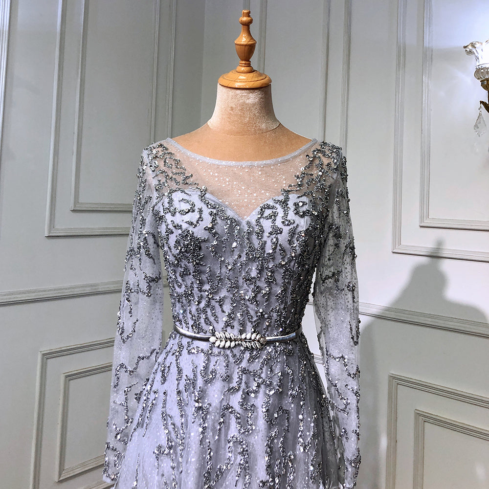 Elegante vestido de noche gris de sirena, manga larga, con plumas y cuentas, para mujer, fiesta, LA70968