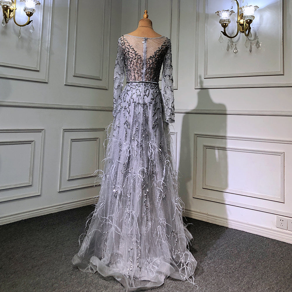 Elegante vestido de noche gris de sirena, manga larga, con plumas y cuentas, para mujer, fiesta, LA70968