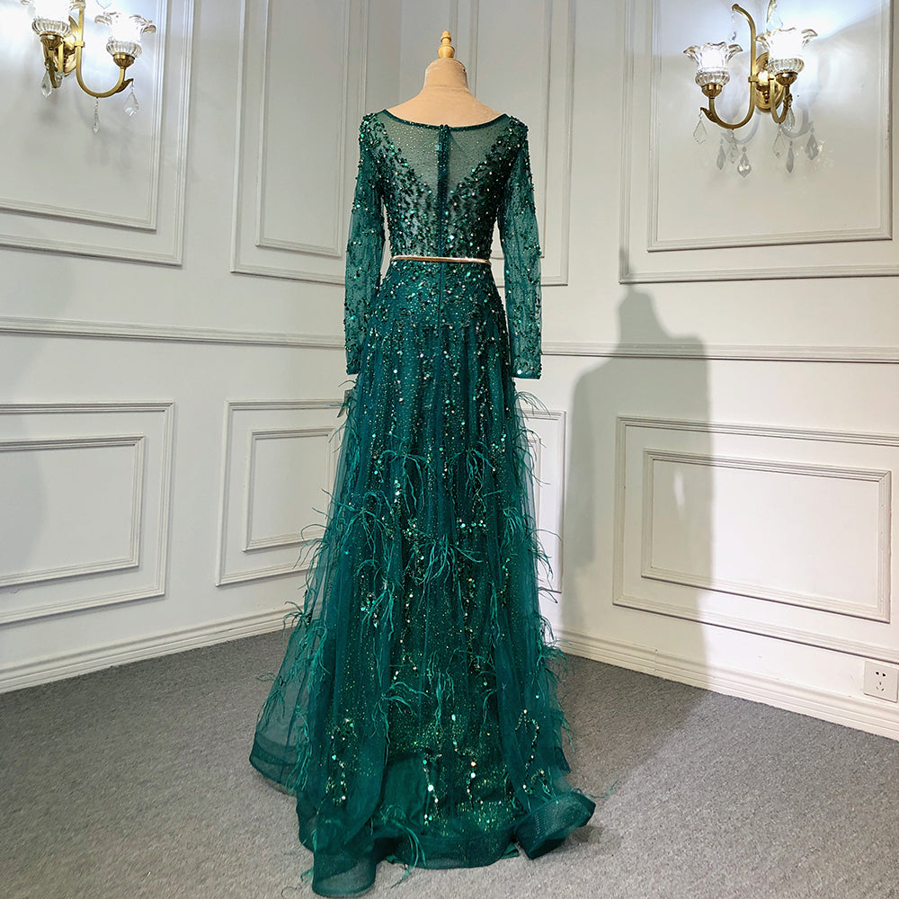 Elegante vestido de noche gris de sirena, manga larga, con plumas y cuentas, para mujer, fiesta, LA70968