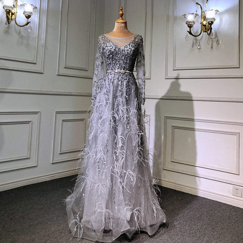 Elegante vestido de noche gris de sirena, manga larga, con plumas y cuentas, para mujer, fiesta, LA70968