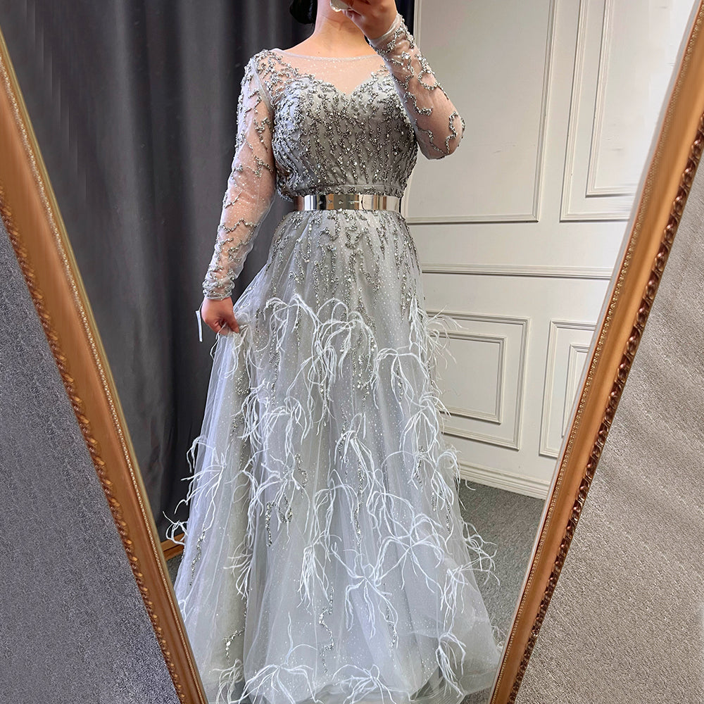 Elegante vestido de noche gris de sirena, manga larga, con plumas y cuentas, para mujer, fiesta, LA70968