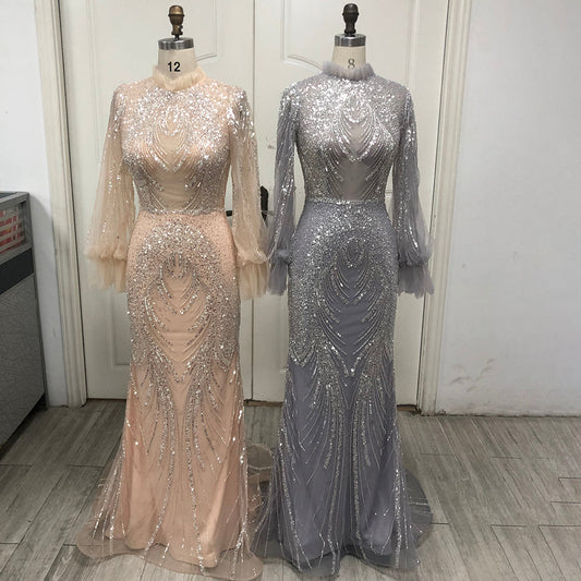 Elegante vestido de noche de sirena gris con cuello alto, mangas largas y cuentas, de lujo, para mujer, fiesta, LA71609