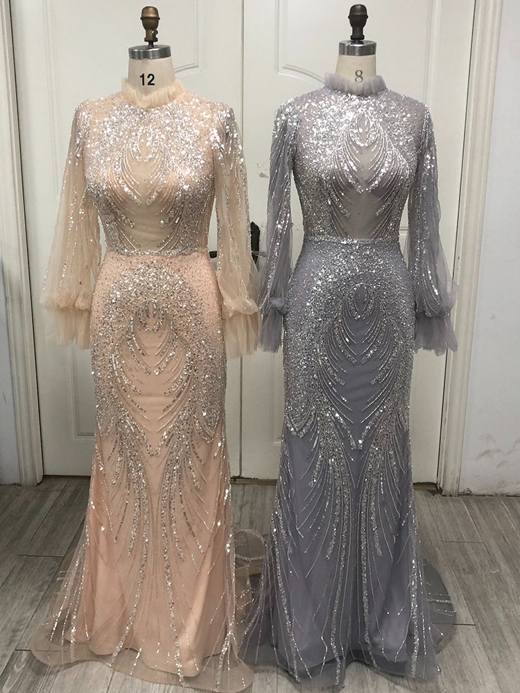 Elegante vestido de noche de sirena gris con cuello alto, mangas largas y cuentas, de lujo, para mujer, fiesta, LA71609