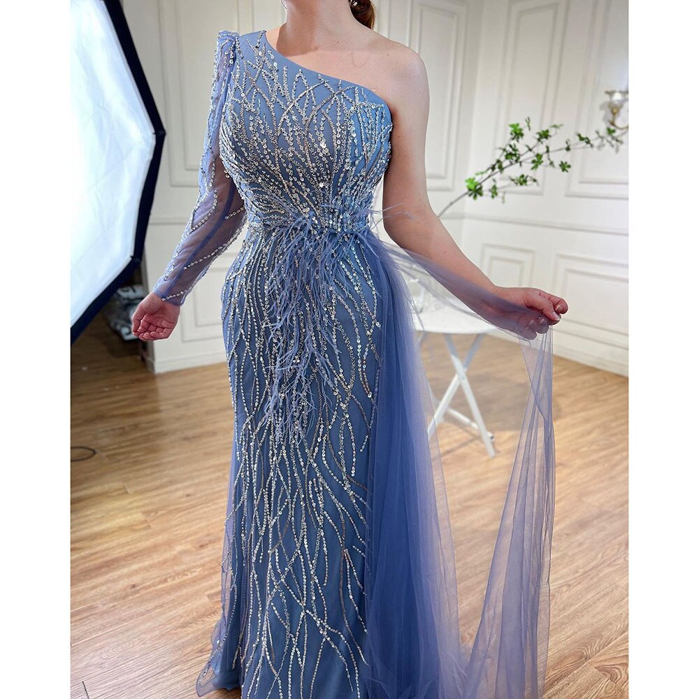 Grau Meerjungfrau Elegant Mit Rock Eine Schulter Perlen Federn Abendkleider Kleider Für Frauen Party 2025 LA71789