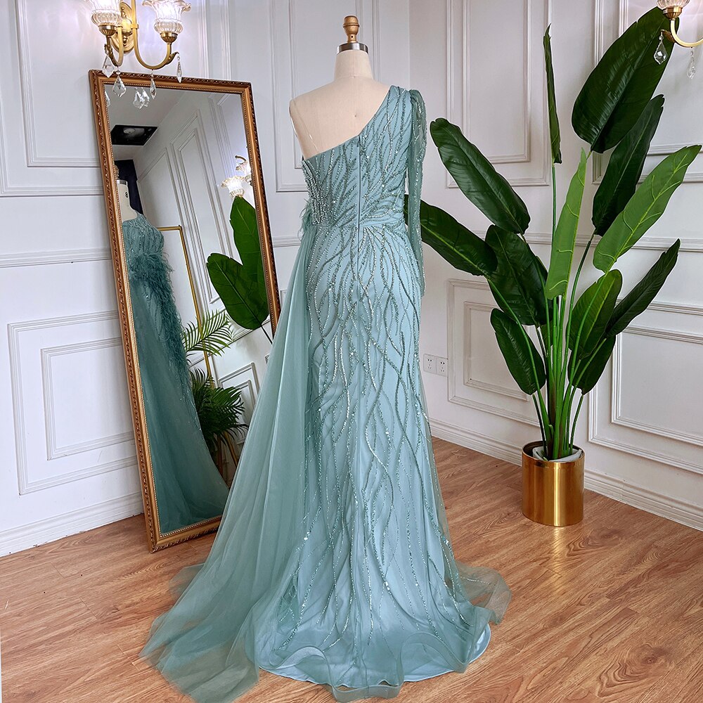 Grau Meerjungfrau Elegant Mit Rock Eine Schulter Perlen Federn Abendkleider Kleider Für Frauen Party 2025 LA71789