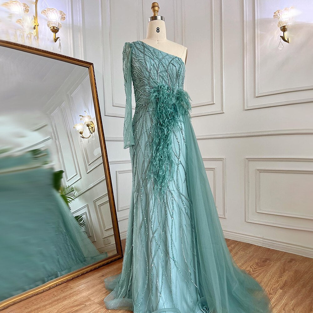 Grau Meerjungfrau Elegant Mit Rock Eine Schulter Perlen Federn Abendkleider Kleider Für Frauen Party 2025 LA71789