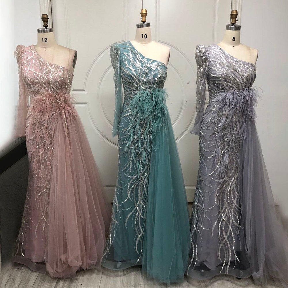 Grau Meerjungfrau Elegant Mit Rock Eine Schulter Perlen Federn Abendkleider Kleider Für Frauen Party 2025 LA71789