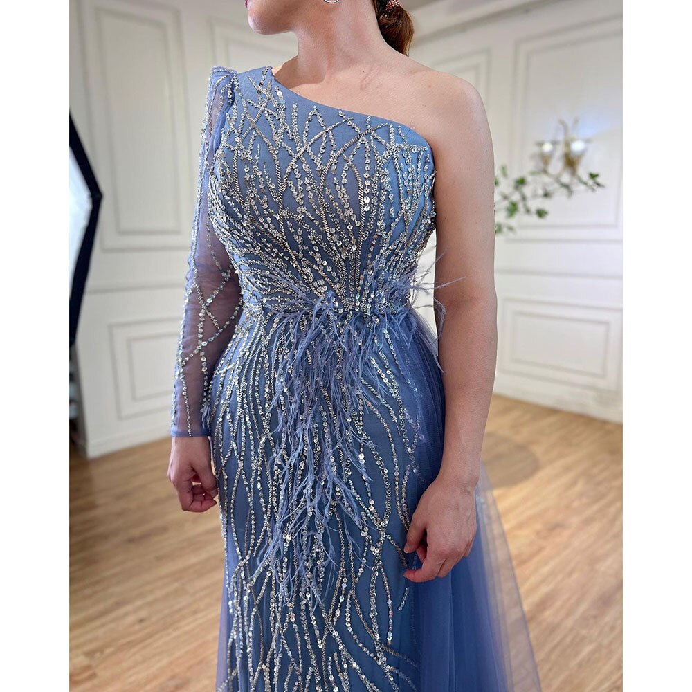 Grau Meerjungfrau Elegant Mit Rock Eine Schulter Perlen Federn Abendkleider Kleider Für Frauen Party 2025 LA71789