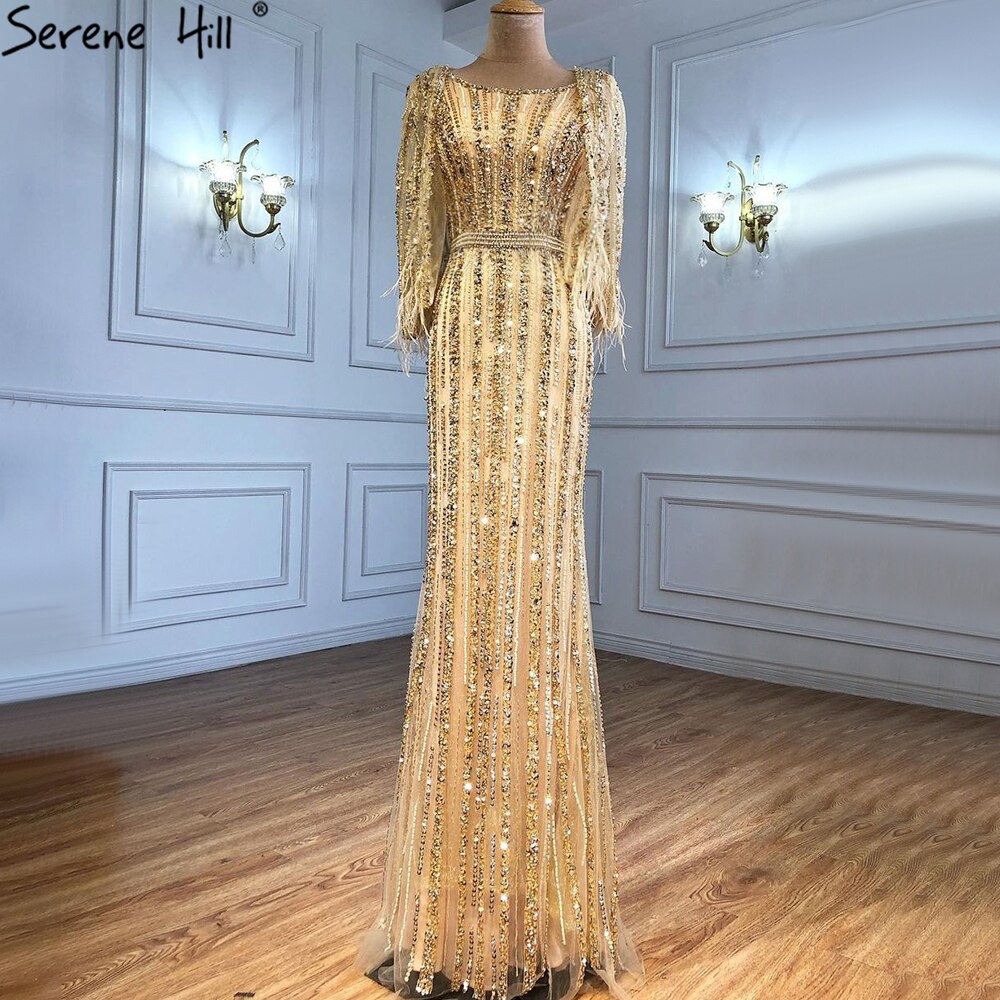 Sale Grey Mermaid Long Sleeves Diamond Beaded Luxury Dubai Evening Dresses Gowns For Women Party 2025 LA70503