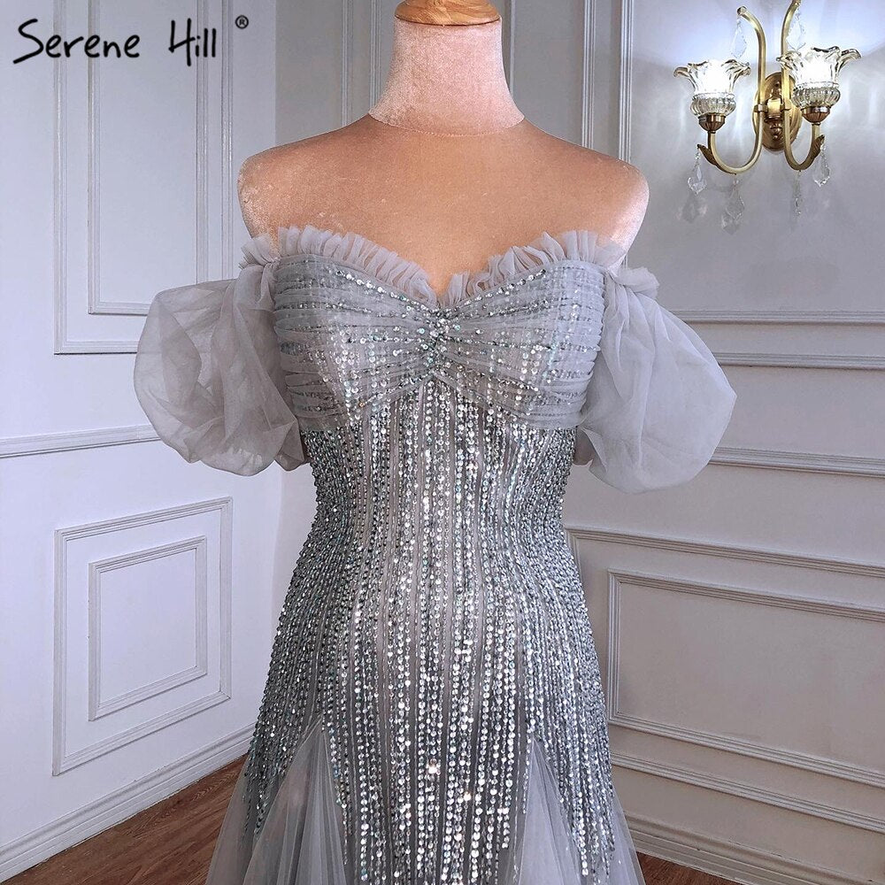 Vestidos de noche de lujo de sirena gris, 2025, con cuentas y brillo, sexys para mujer, para fiesta LA70931