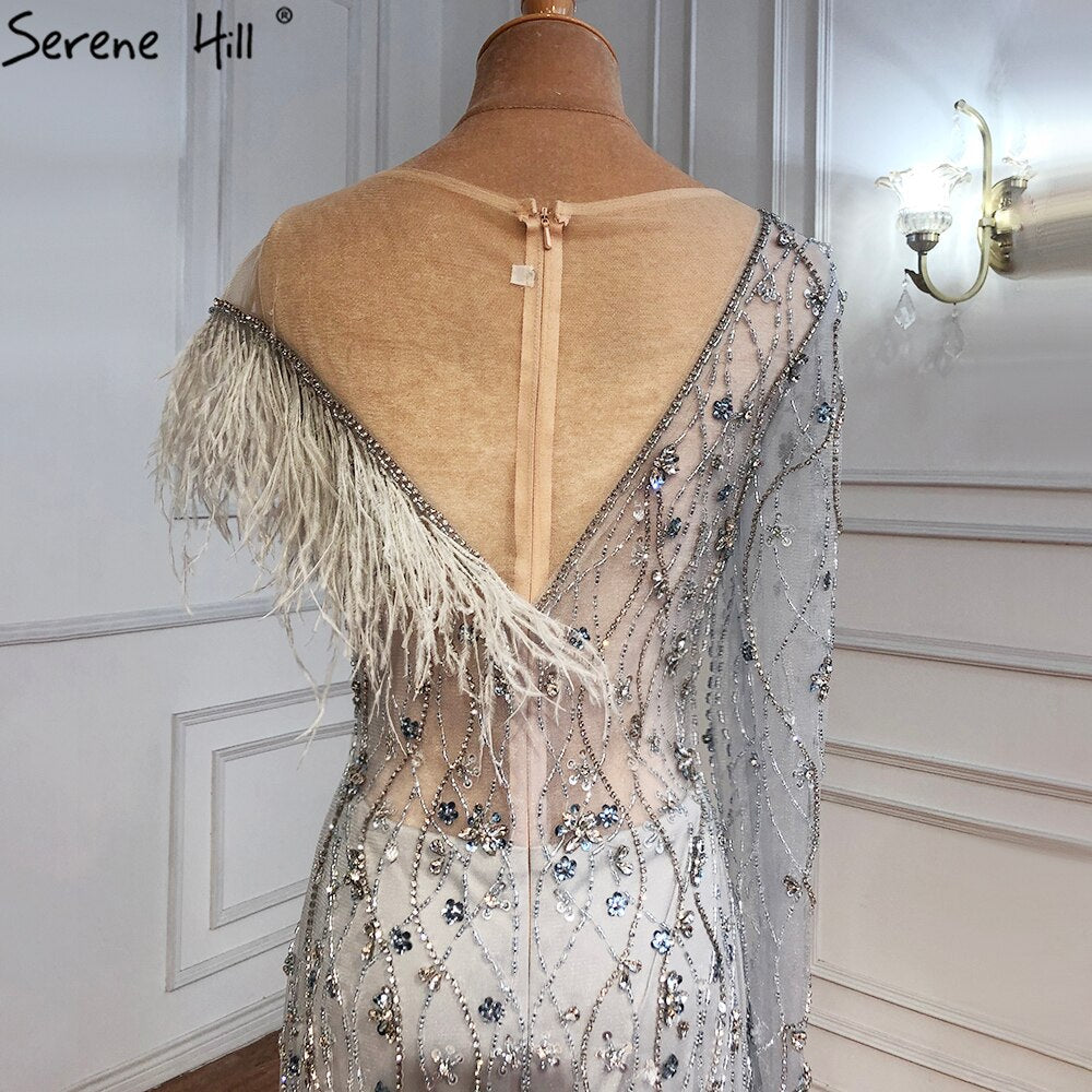 Grau Meerjungfrau Luxus Abendkleider Kleider 2025 Feder Perlen Elegante Für Frauen Party LA71174