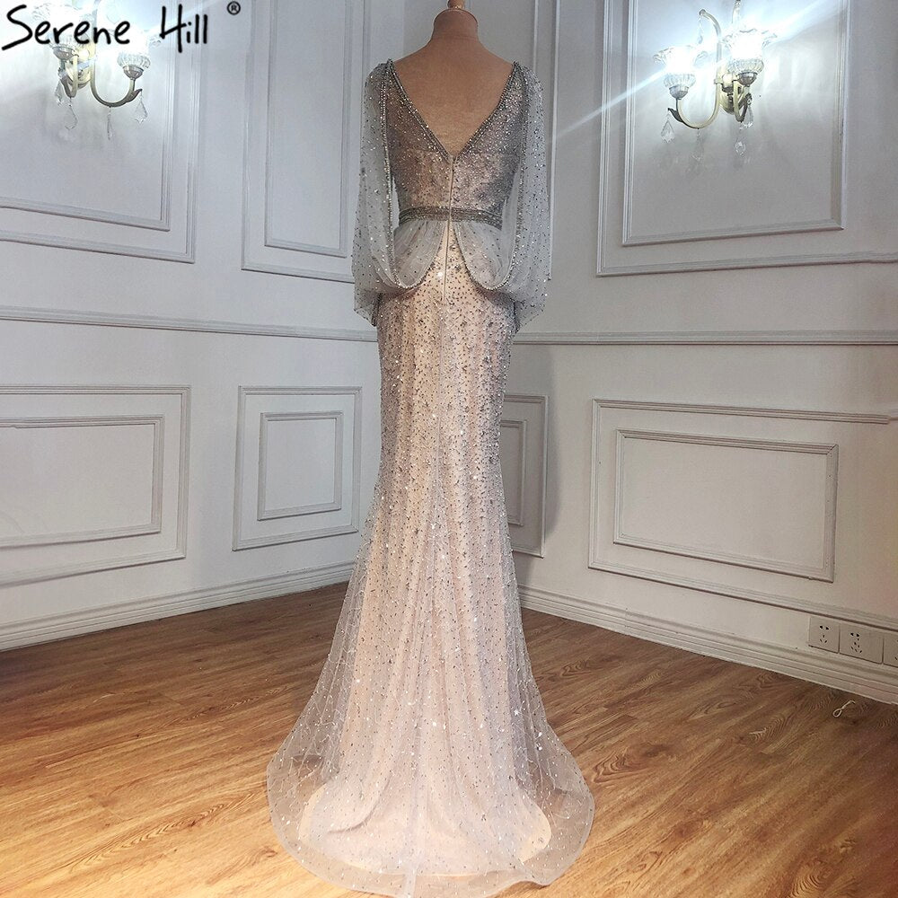 Grau Meerjungfrau Luxus Sparkle Abendkleider Kleider Elegante Perlen Kristall Sexy Für Frauen Party LA70847