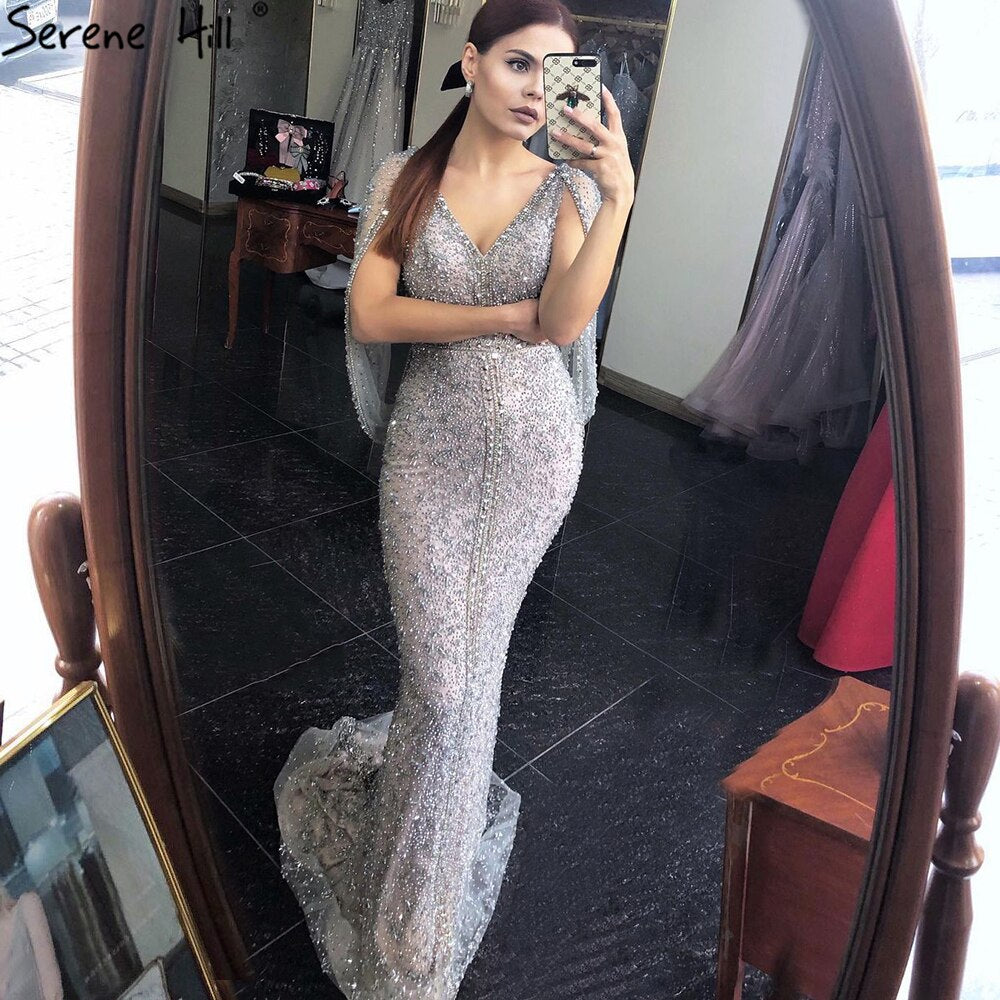 Grau Meerjungfrau Luxus Sparkle Abendkleider Kleider Elegante Perlen Kristall Sexy Für Frauen Party LA70847