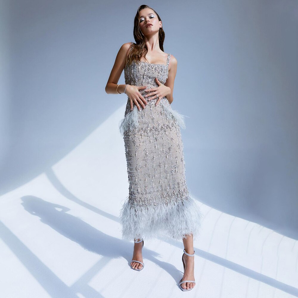 Vestido de noche gris de corte sirena, largo midi, con cuentas, plumas, sexy, abertura en la parte trasera de la pierna, 2025, para mujer, fiesta, LA71669