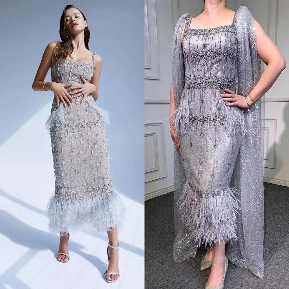 Vestido de noche gris de corte sirena, largo midi, con cuentas, plumas, sexy, abertura en la parte trasera de la pierna, 2025, para mujer, fiesta, LA71669