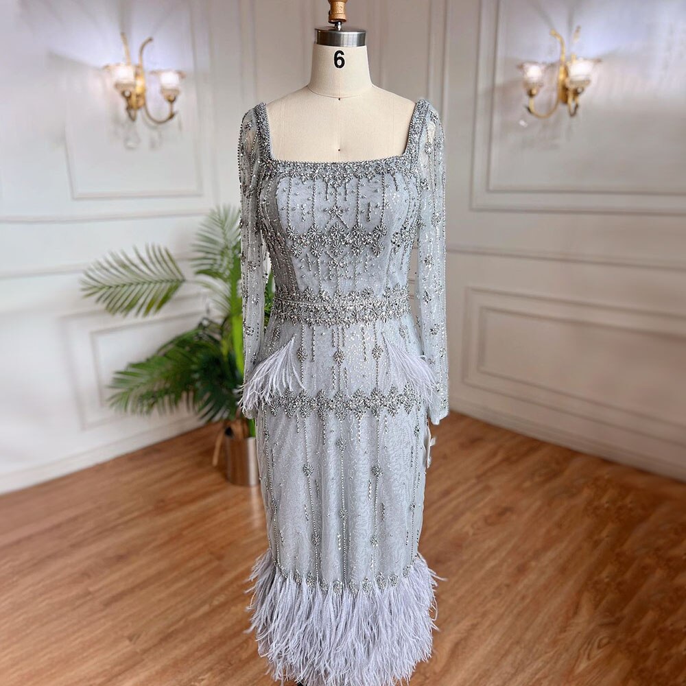 Vestido de noche gris de corte sirena, largo midi, con cuentas, plumas, sexy, abertura en la parte trasera de la pierna, 2025, para mujer, fiesta, LA71669