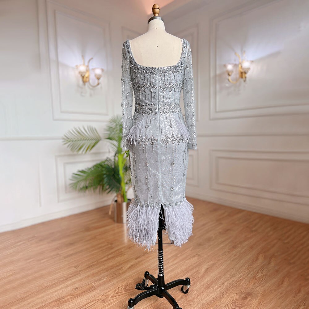 Vestido de noche gris de corte sirena, largo midi, con cuentas, plumas, sexy, abertura en la parte trasera de la pierna, 2025, para mujer, fiesta, LA71669