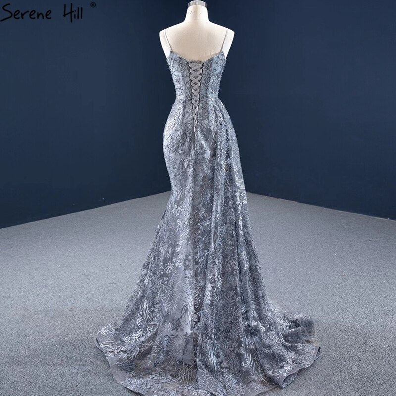 Grau Meerjungfrau Sexy Abendkleider 2025 Handgemachte Blumen Perlen Ärmelloses Abendkleid HM67181