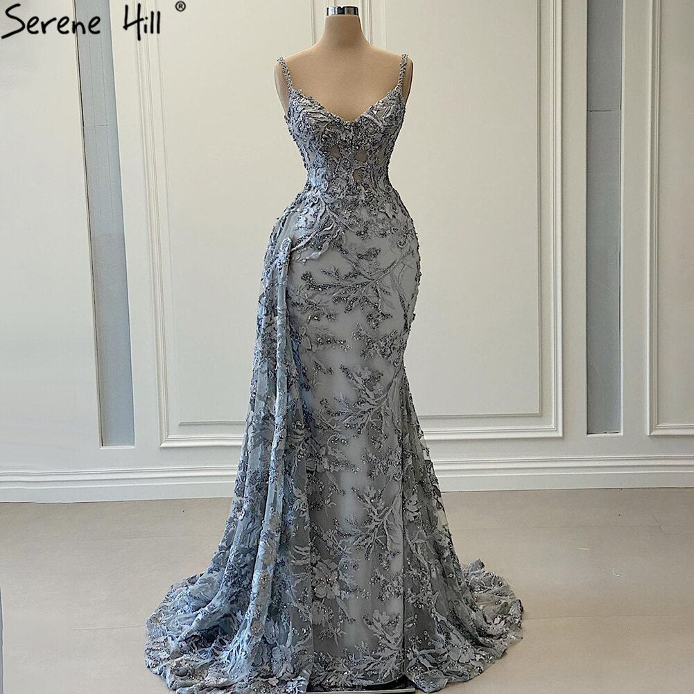 Grau Meerjungfrau Sexy Abendkleider 2025 Handgemachte Blumen Perlen Ärmelloses Abendkleid HM67181
