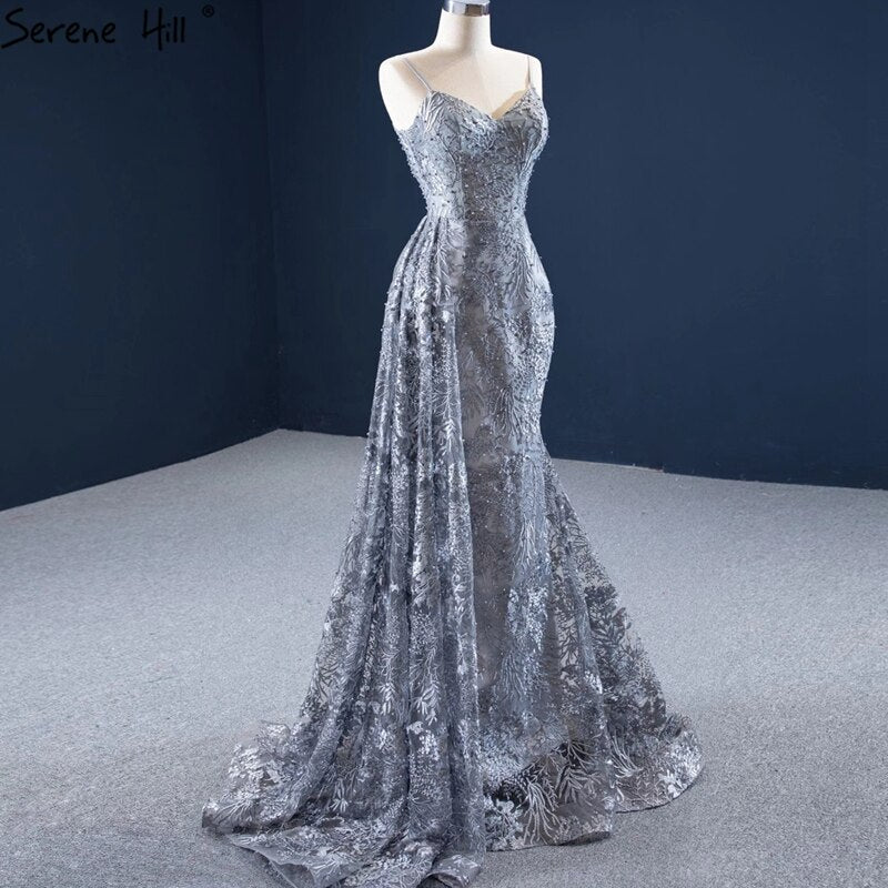 Grau Meerjungfrau Sexy Abendkleider 2025 Handgemachte Blumen Perlen Ärmelloses Abendkleid HM67181