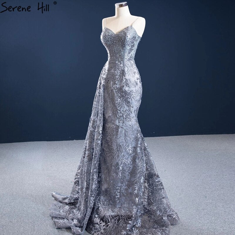 Grau Meerjungfrau Sexy Abendkleider 2025 Handgemachte Blumen Perlen Ärmelloses Abendkleid HM67181