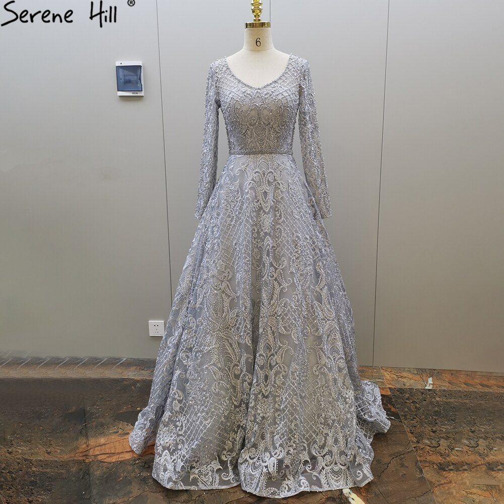 Grey Muslim Lace Beaded Evening Dresses Gowns 2025 Long A-Line Luxury For Women Party LA71472