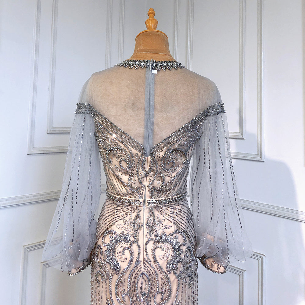 Grey Nude Luxury Evening Dresses Gowns 2025 Beaded Lantern Sleeve Mermaid Elegant For Women Party LA71603