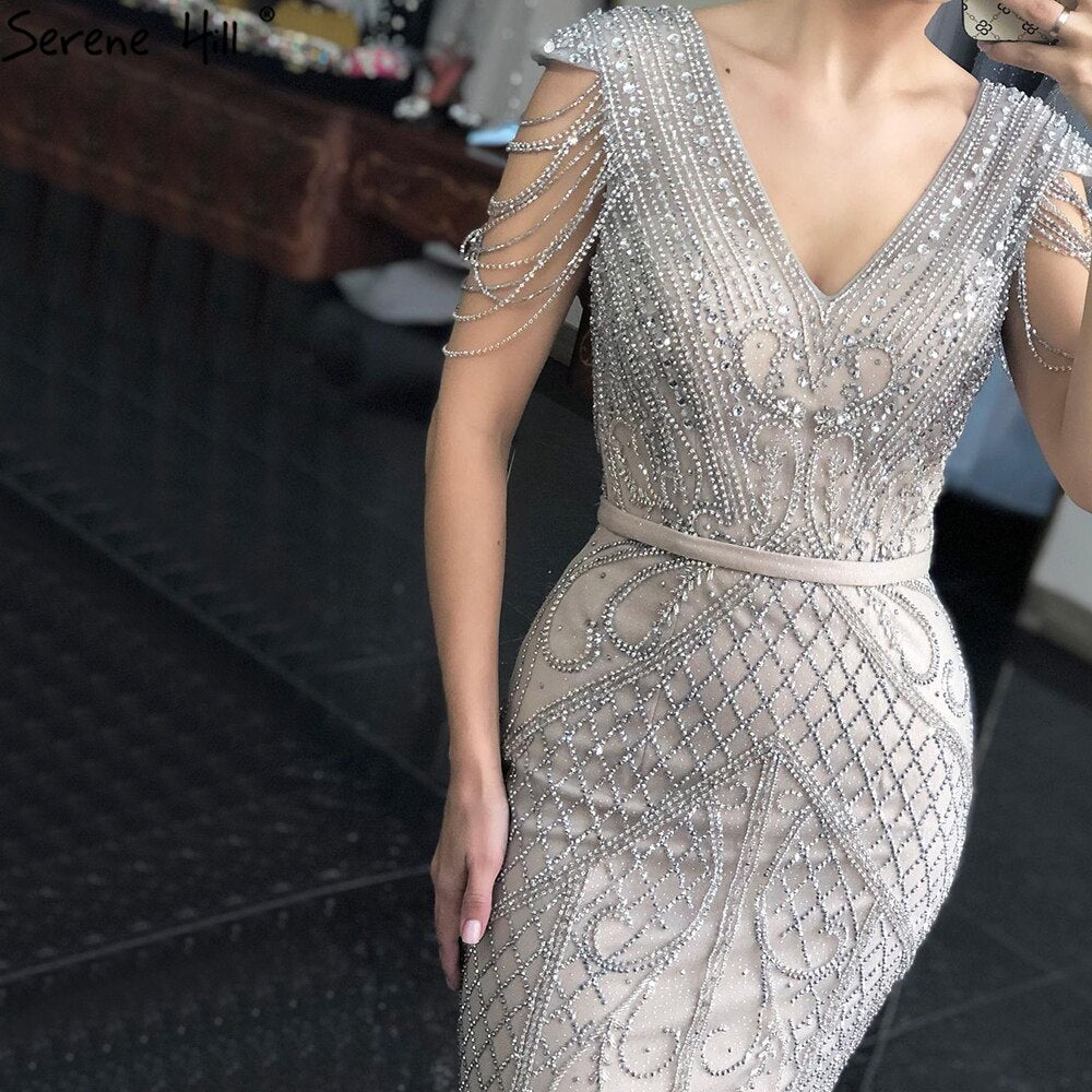 Grey Nude Mermaid Elagant Luxury Evening Gowns 2025 Beading Backless Sexy For Women Party LA70799