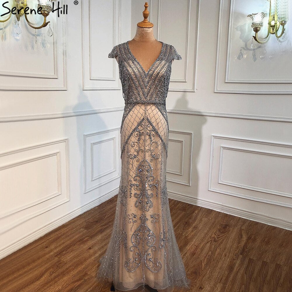 Grey Nude Mermaid Elagant Luxury Evening Gowns 2025 Beading Backless Sexy For Women Party LA70799
