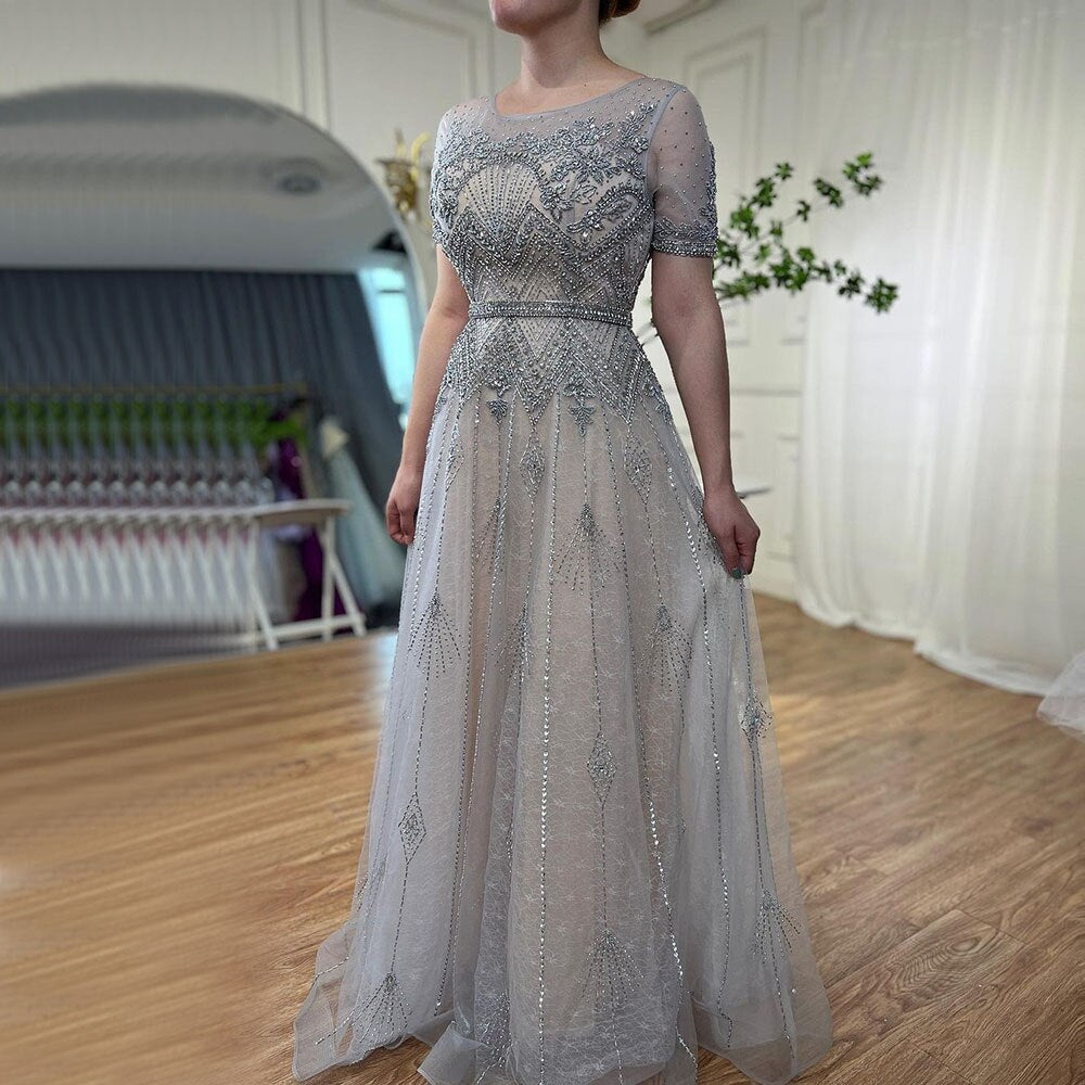 Grey O Neck Short Sleeves A Line Evening Dresses 2025 Mother of the Bride Luxury Beaded Party Gowns LA72102