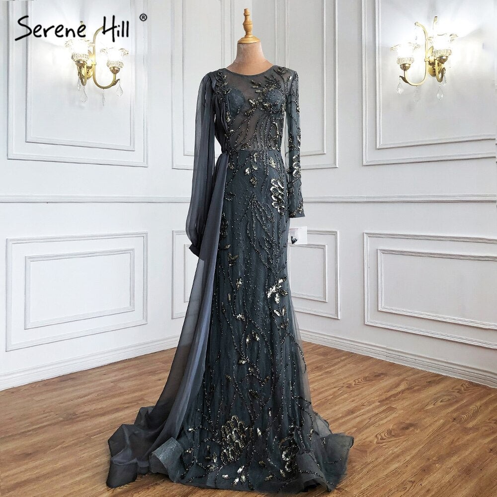 Grey With Overskirt Mermaid Evening Gowns Dresses Luxury Beaded Elegant For Woman Party LA71066