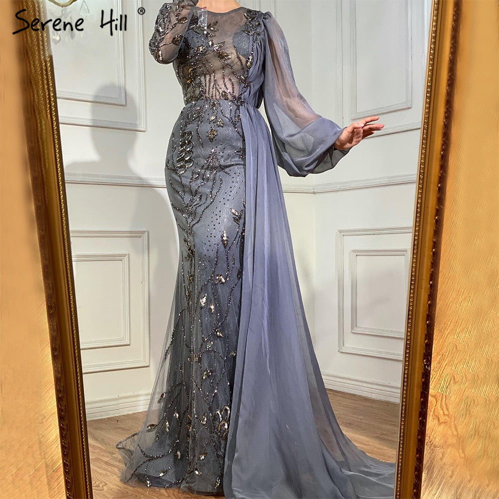 Grey With Overskirt Mermaid Evening Gowns Dresses Luxury Beaded Elegant For Woman Party LA71066