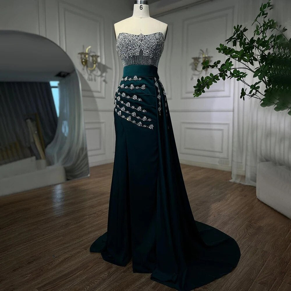 High Split With Skirt Mermaid Nude Sexy Strapless CRYSTAL Beaded Evening Dresses Gowns For Women Party 2025 LA72135