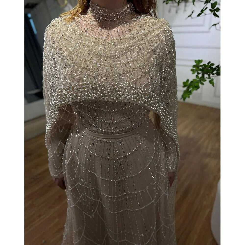 Hijab Muslim Nude A Line Long Cape Hijab Luxury Dubai Evening Dresses Gowns 2025 For Women Wedding Party LA72032B