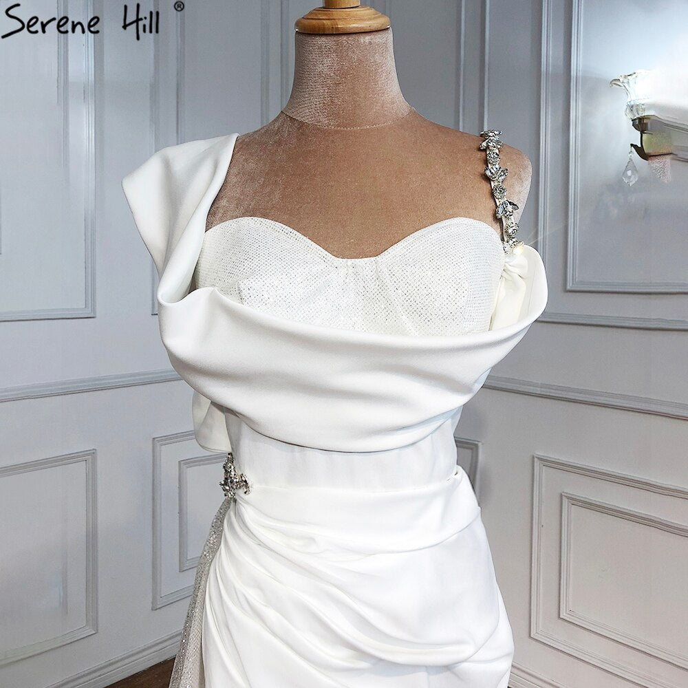Ivory Satin Split Evening Dresses Gowns 2025 One Shoulder Beading Sexy For Women Party LA70886
