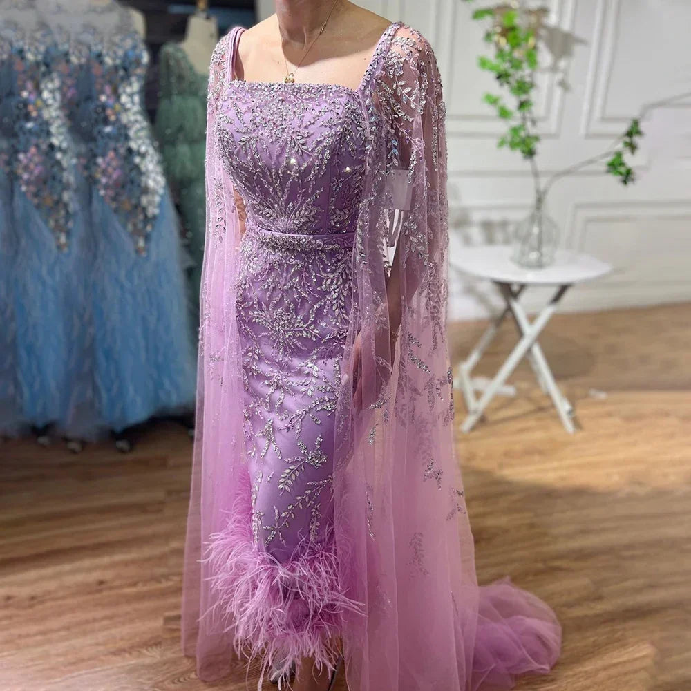 Lilafarbenes, knöchellanges, luxus Abendkleid mit Perlen und Cape im Meerjungfrauen-Stil LA71841